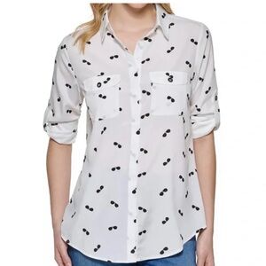 Karl Lagerfeld White Black Sunglasses Roll Tab Sleeve Button Up Collar Blouse M